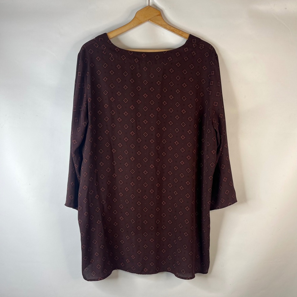 LOFT Blouse Women XL Burgundy Geometric Medallion 3/4 Sleeve High Low Tunic - Picture 8 of 8